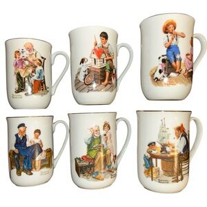 Vintage Set Of 6 Norman Rockwell Mugs‎ / The Rockwell Museum 1982 Good Condition